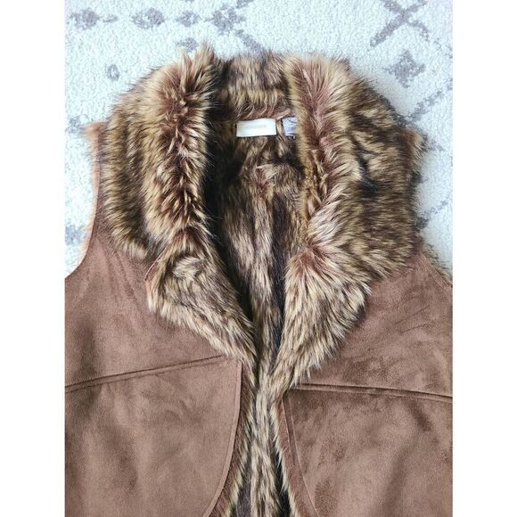 Chico's Open Front Vest Womens Large Brown Sleeveless Collared Faux Fur Thermal - Picture 3 of 7